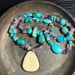 Turquoise Amethyst Beaded Necklace Natural Stone Pendant Necklace